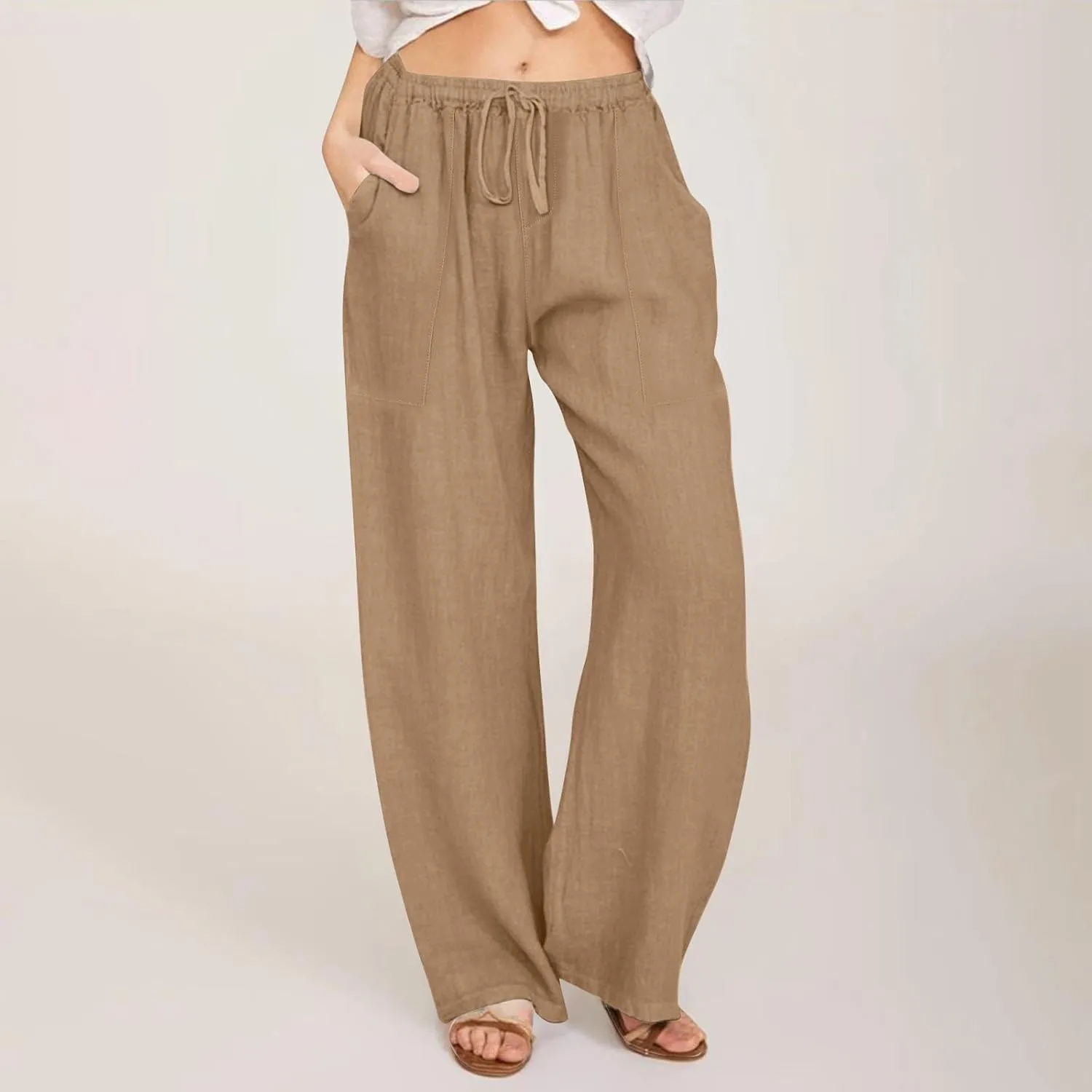 Flowy Pants for Women Workout, White Pants Trousers High Waisted Straight Leg Summer Linen Cotton Palazzo