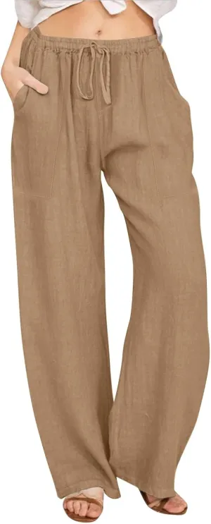 Flowy Pants for Women Workout, White Pants Trousers High Waisted Straight Leg Summer Linen Cotton Palazzo
