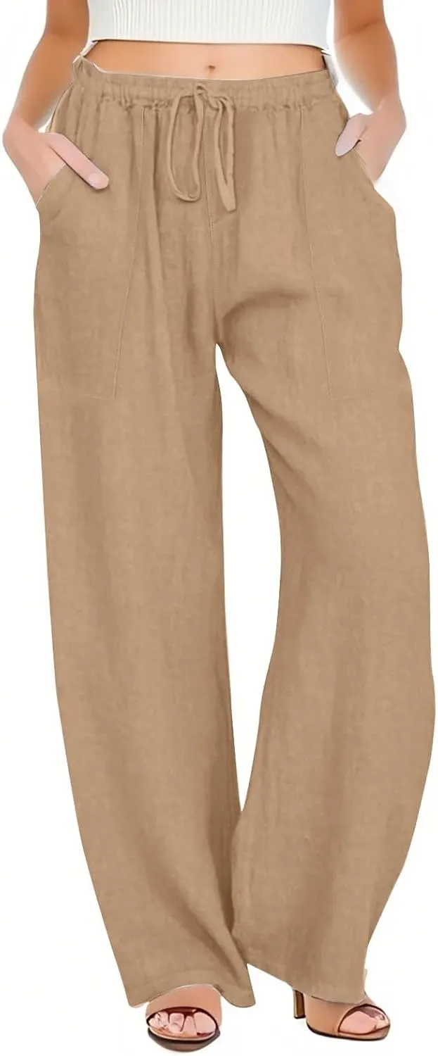 Flowy Pants for Women Workout, White Pants Trousers High Waisted Straight Leg Summer Linen Cotton Palazzo