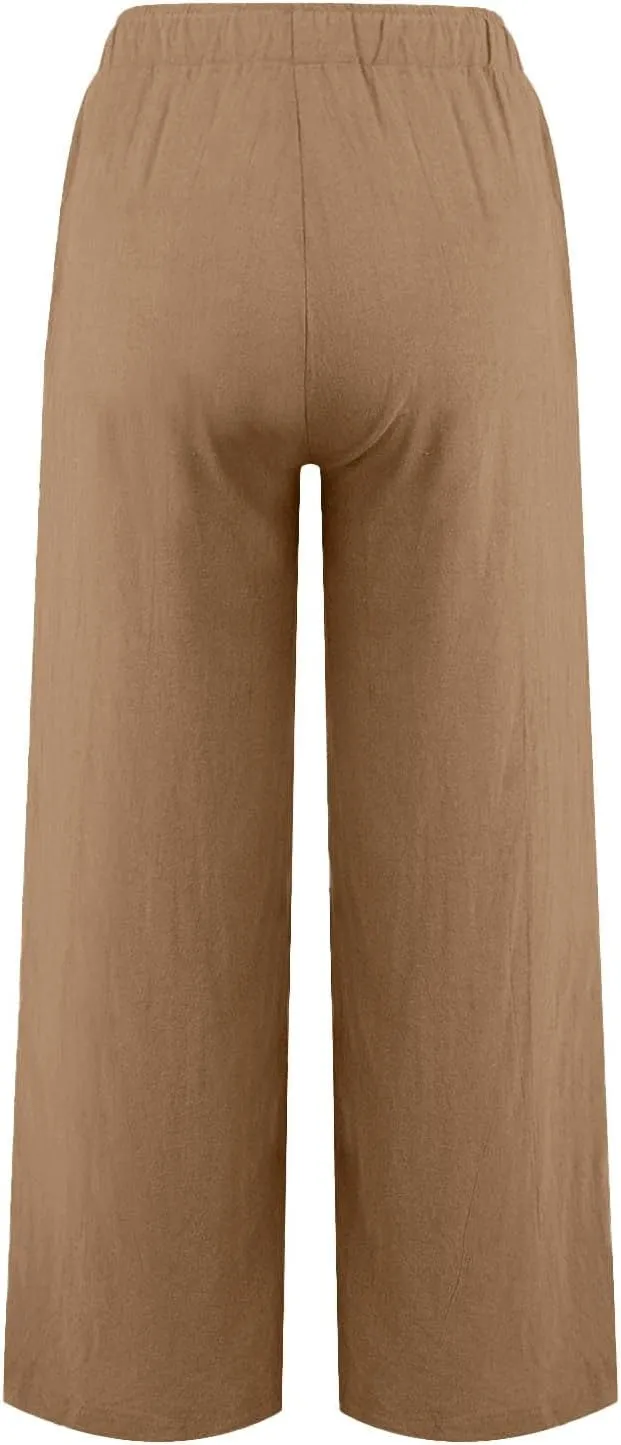 Flowy Pants for Women Workout, White Pants Trousers High Waisted Straight Leg Summer Linen Cotton Palazzo