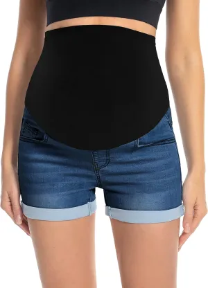 Foucome Maternity Denim Shorts Over Bump Ripped Distressed Folded Hem Blue Jean Shorts Comfy Summer Pregnancy Shorts