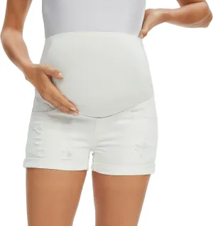Foucome Maternity Denim Shorts Over Bump Ripped Distressed Folded Hem Blue Jean Shorts Comfy Summer Pregnancy Shorts