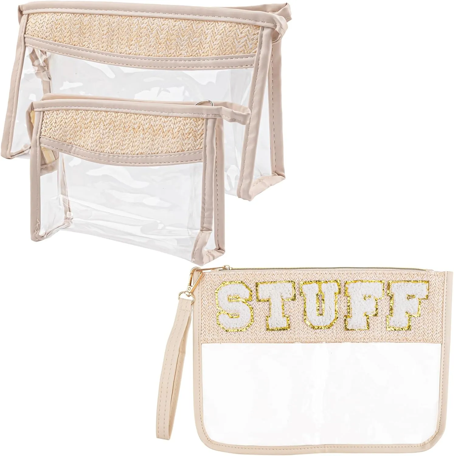 Framendino, 3 Pack Straw Clear Makeup Bag PVC Zipper Pouch Beach Large Letter Patch Cosmetic Bags Beige Travel Toiletry for Summer