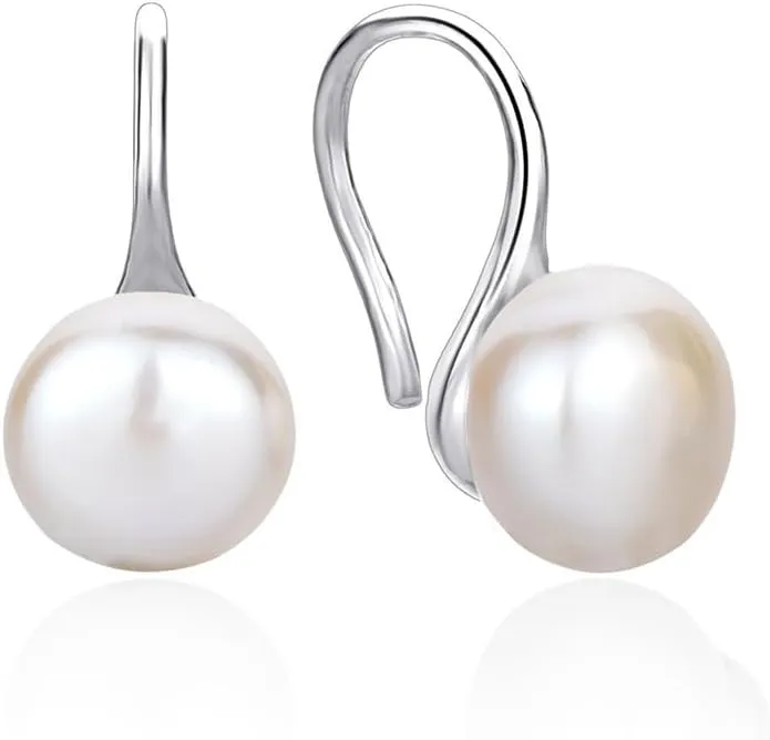 Freshwater Earrings Women 14K Yellow Gold Plated Pearl Dangle Earrings Fishhook Earring 925 Sterling Silver Post Pearl Drop Earrings (Silver)