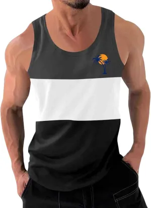 Funny Color Block Beach Tank Tops for Men Palm Tree Print Sleeveless Tee Shirt Summer Casual Muscle Workout T-Shirt