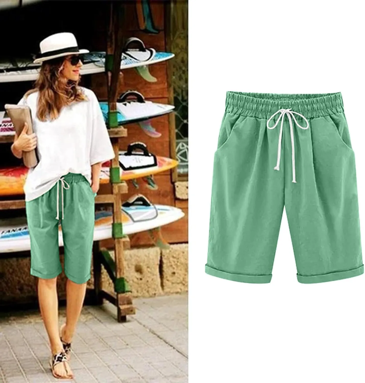 FZVYD Women's Knee Length Bermuda Shorts Elastic Waist Drawstring Casual 10" Long Shorts Loose Fit 2024 Summer Beach Shorts
