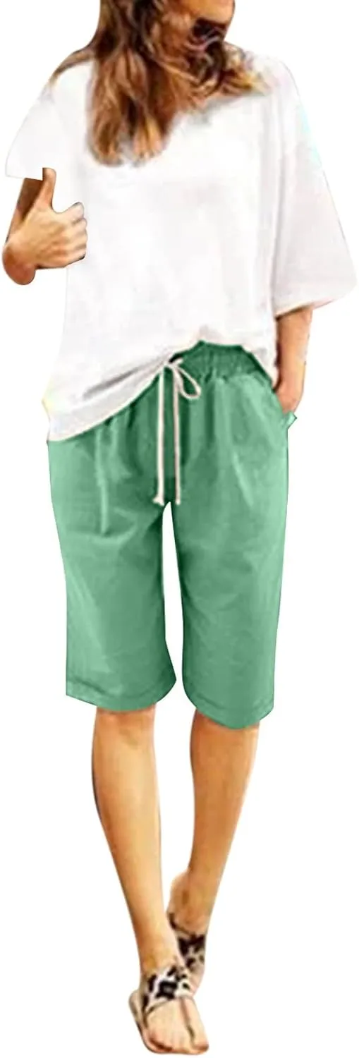 FZVYD Women's Knee Length Bermuda Shorts Elastic Waist Drawstring Casual 10" Long Shorts Loose Fit 2024 Summer Beach Shorts