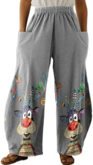 Geleglaer Women's Merry Christmas High Elastic Waist Pants Snowman Graphic Printed Wide Leg Pants Long Trousers with Pockets