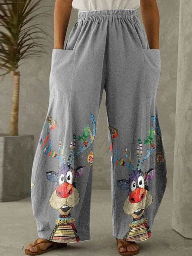 Geleglaer Women's Merry Christmas High Elastic Waist Pants Snowman Graphic Printed Wide Leg Pants Long Trousers with Pockets
