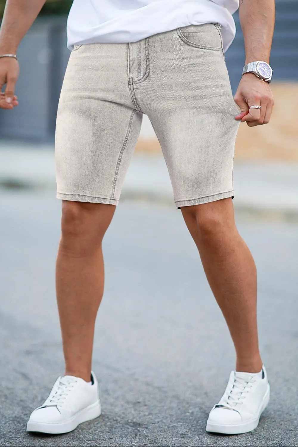 GINGTTO Denim Shorts Men Stretch Skinny Jean Shorts for Men