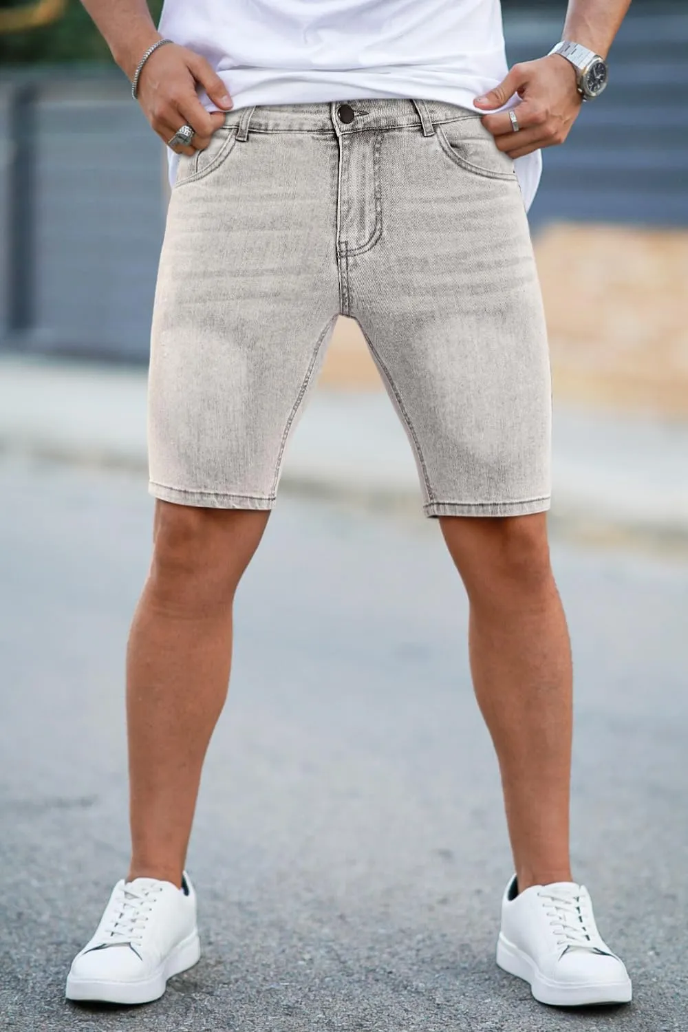GINGTTO Denim Shorts Men Stretch Skinny Jean Shorts for Men