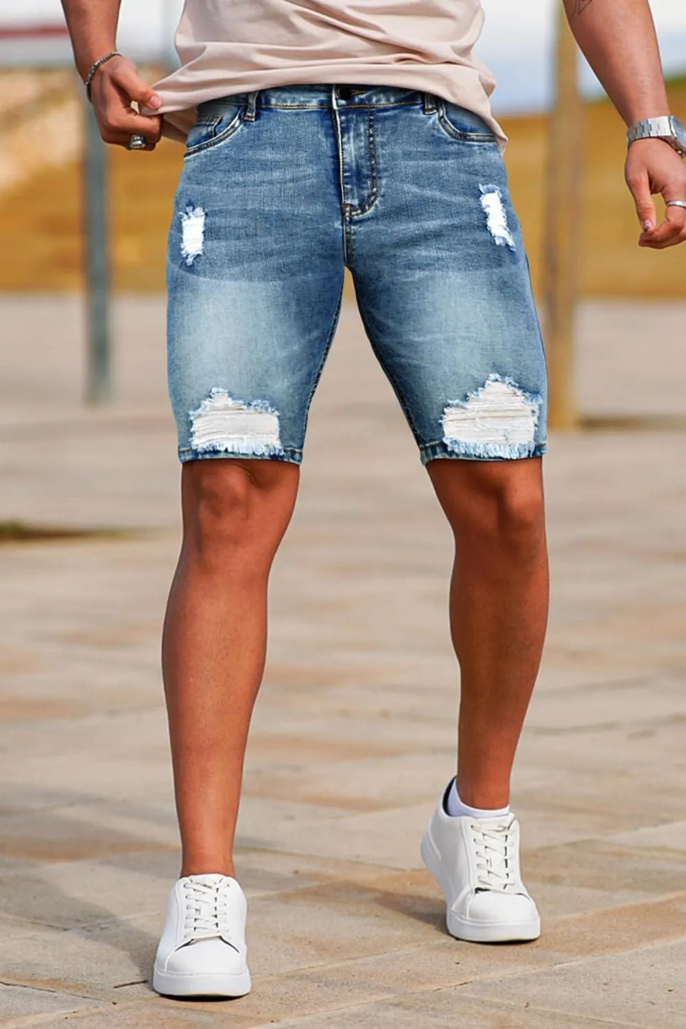 GINGTTO Men's Jean Shorts Ripped Slim Fit Stretch Denim Shorts