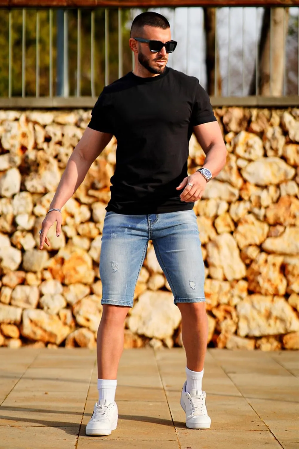 GINGTTO Men's Jean Shorts Ripped Slim Fit Stretch Denim Shorts