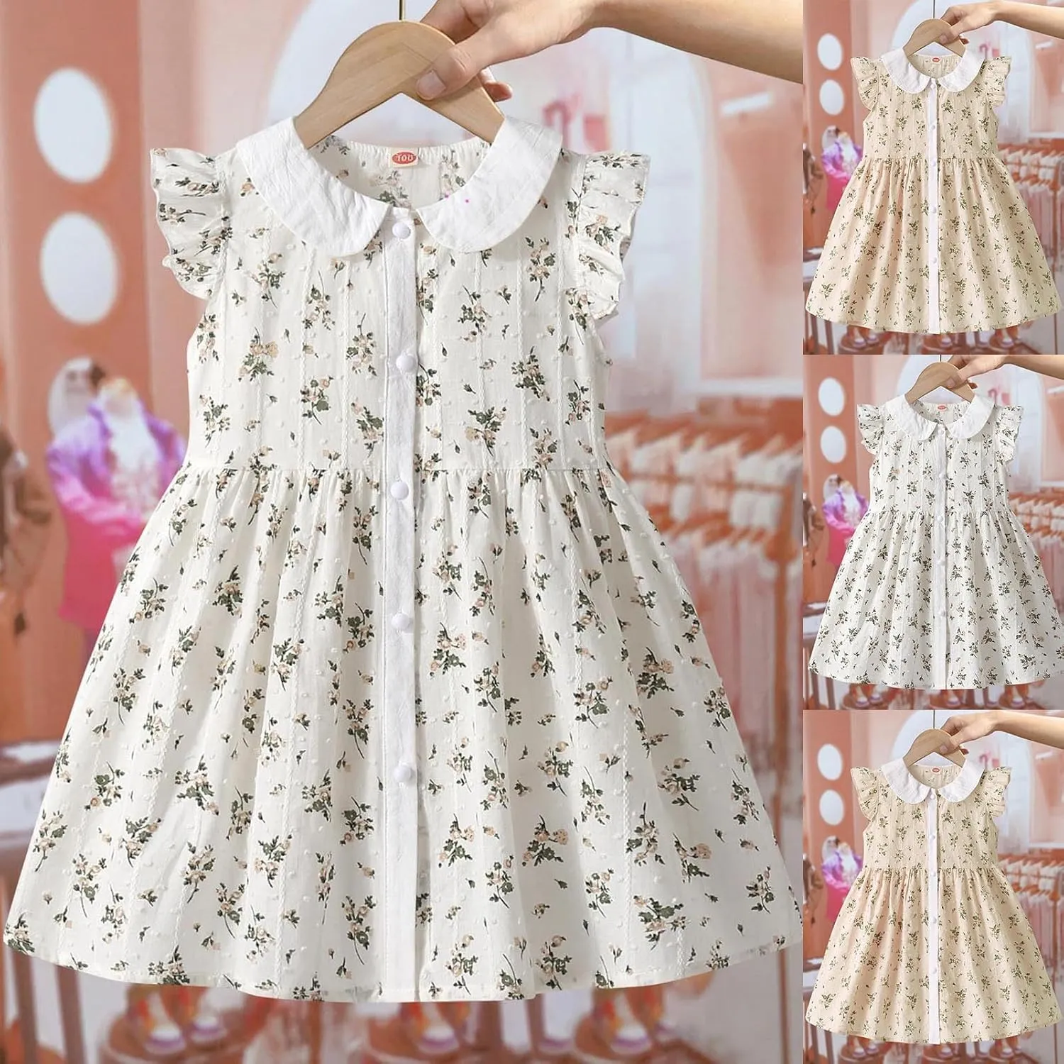 Girl's Summer Boho Floral Dress Cute Ruffle Sleeve Button Down Collared A-Line Sleeveless Swing Beach Sundress for 3-12 Years