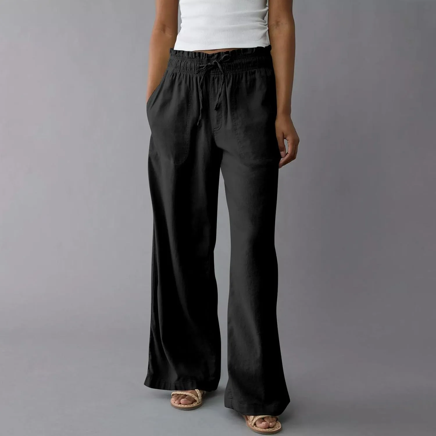 GOFULY Linen Wide Leg Pants for Women 2025 High Waisted Pants Casual Elastic Waist Drawstring Summer Trouser with Pockets
