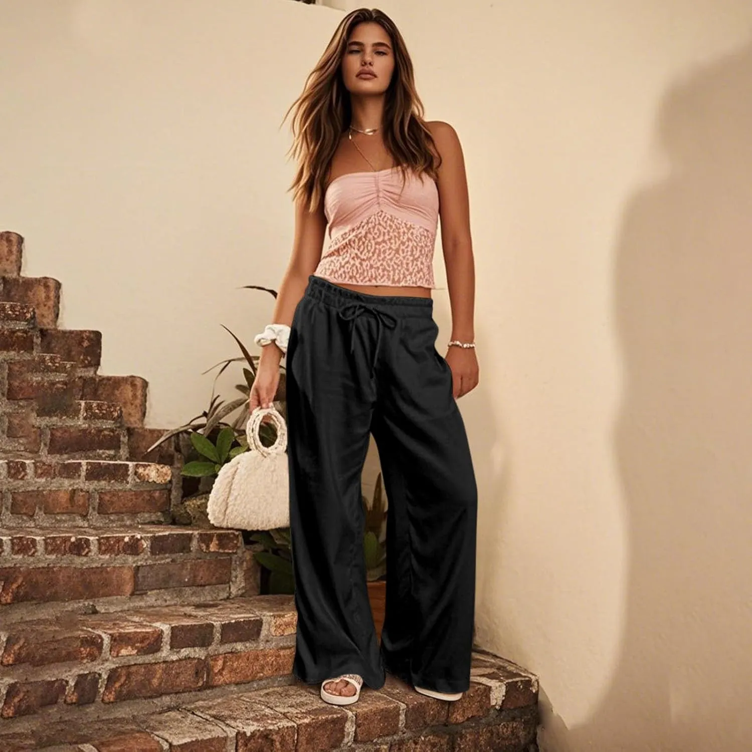 GOFULY Linen Wide Leg Pants for Women 2025 High Waisted Pants Casual Elastic Waist Drawstring Summer Trouser with Pockets