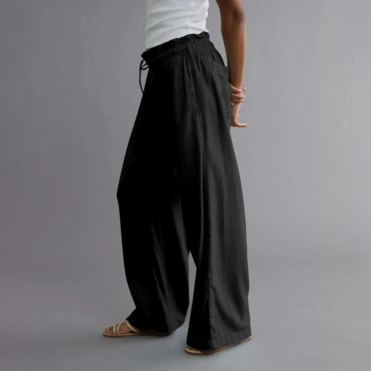 GOFULY Linen Wide Leg Pants for Women 2025 High Waisted Pants Casual Elastic Waist Drawstring Summer Trouser with Pockets