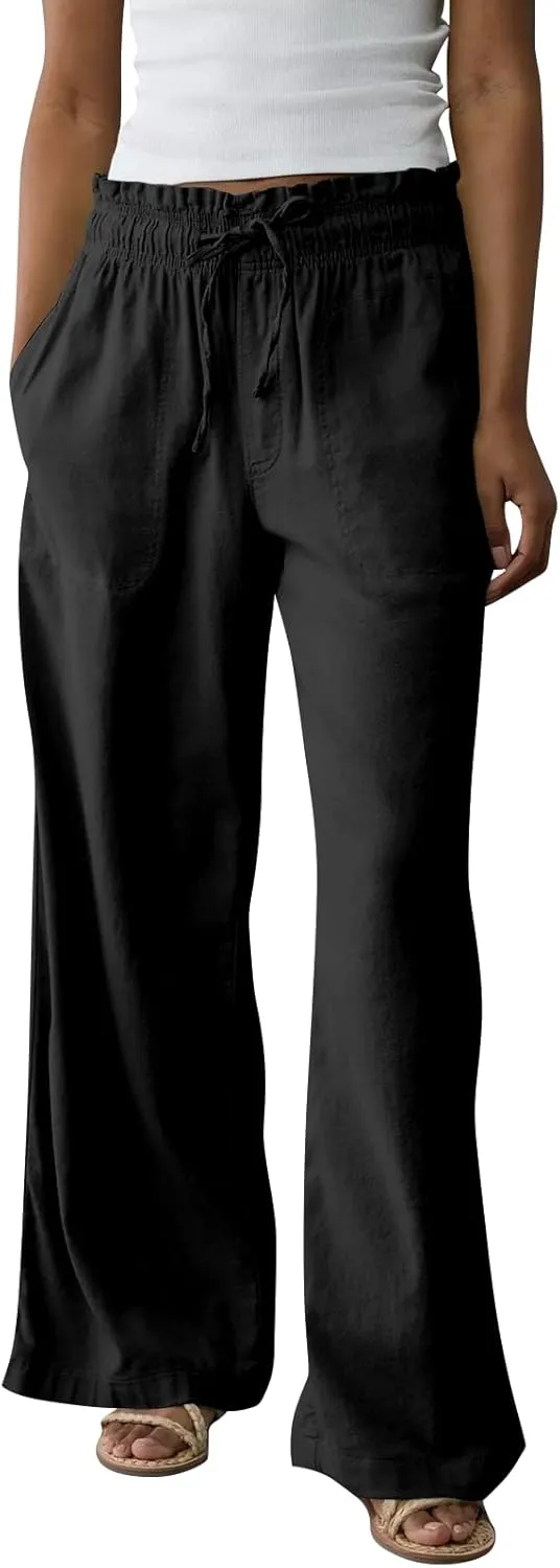 GOFULY Linen Wide Leg Pants for Women 2025 High Waisted Pants Casual Elastic Waist Drawstring Summer Trouser with Pockets