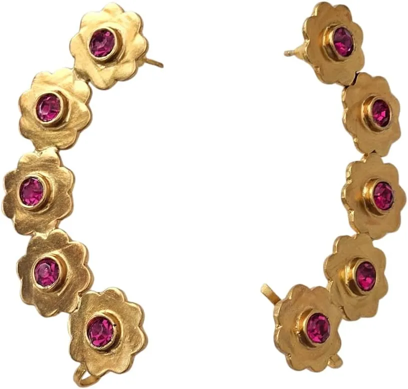 Gold Flower 22K Gold Plated Ear Cuff Earrings with Pink Crystal Stones, 5-Flower Design