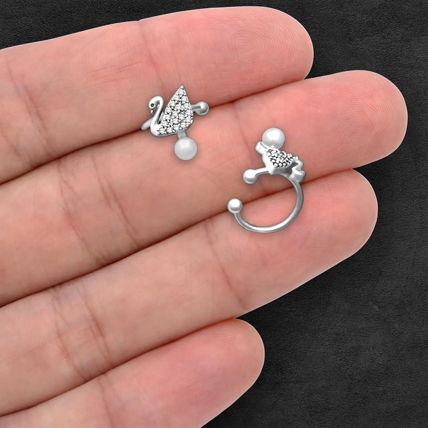 Gold Plated Ear Cuff with Crystal Swan and Pearl, Helix Clip Dainty Non Pierced Jewelry Faux Piercing Hoop Cartilage Wrap