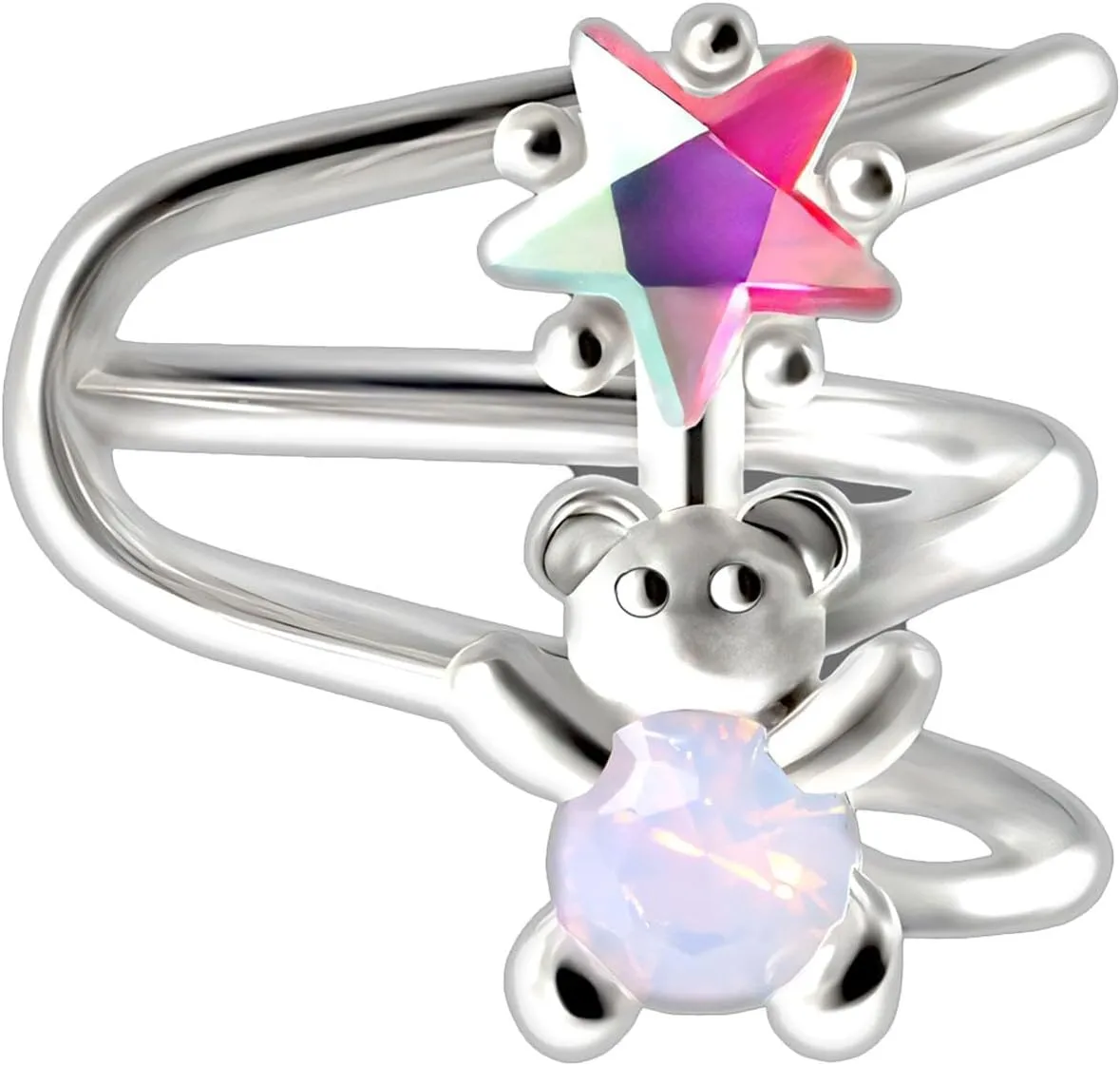 Gold Plated Ear Cuff with Cute Bear and Crystal Star, Conch Ear Clip Wrap Around Minimalist Jacket Fake Piercing Hoop