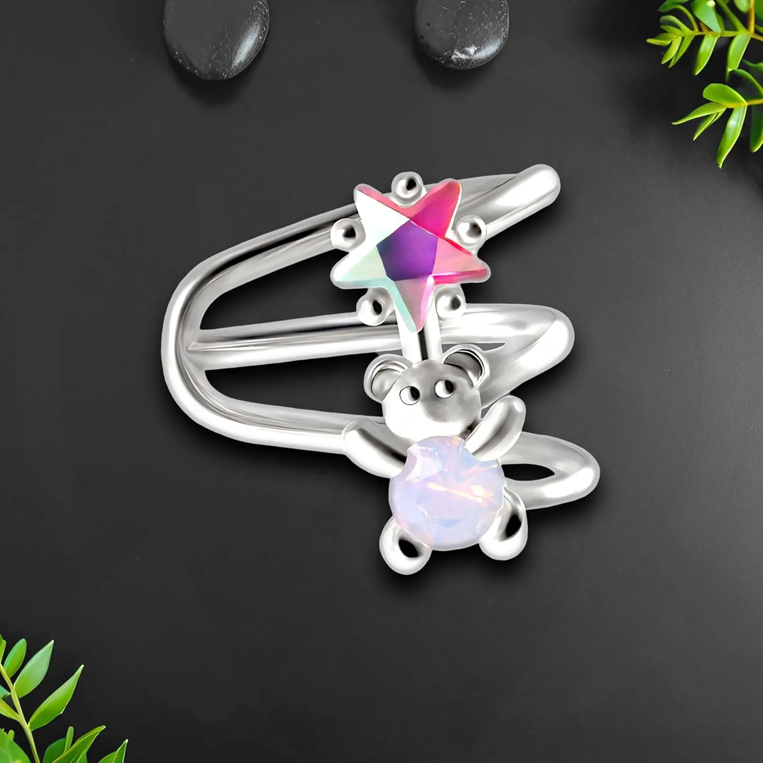 Gold Plated Ear Cuff with Cute Bear and Crystal Star, Conch Ear Clip Wrap Around Minimalist Jacket Fake Piercing Hoop