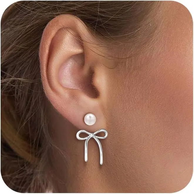 Gold Silver Bow Earrings for Women 14K Gold/Silver Plated Stud Earrings for Women Trendy Pearl Bow Earrings Dangle Dainty Jewelry Gifts