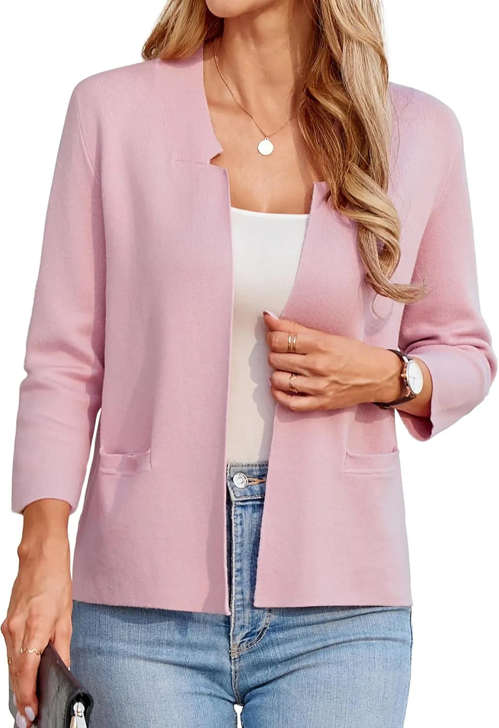 GRACE KARIN Women Sweater Blazer 3/4 Sleeve Cropped Cardigan Lightweight Notch Collar Knit Blazer Jacket Business Casual