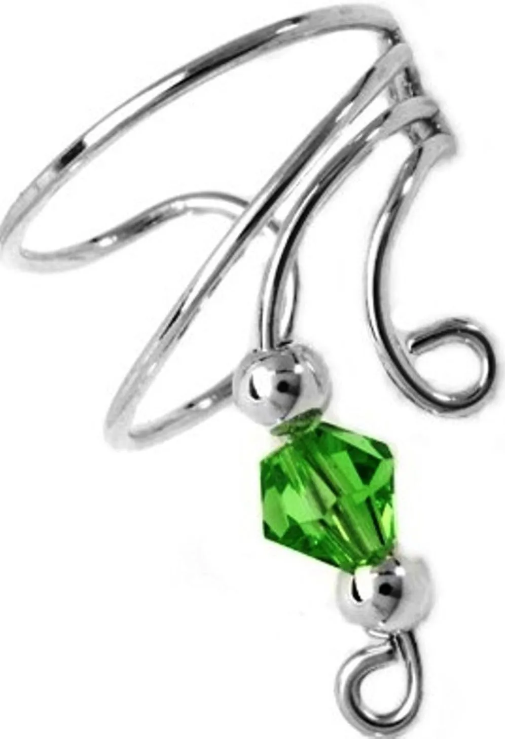 Green Crystal & Silver Beads Short Sterling Silver Ear Cuffs Earrings (Right)