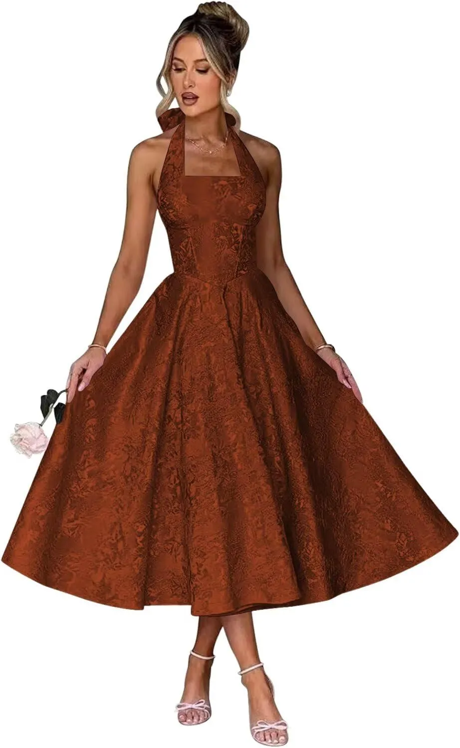 Halter Tea Length Prom Dresses 2025 Jacquard Satin A-Line Formal Evening Party Gowns PU241