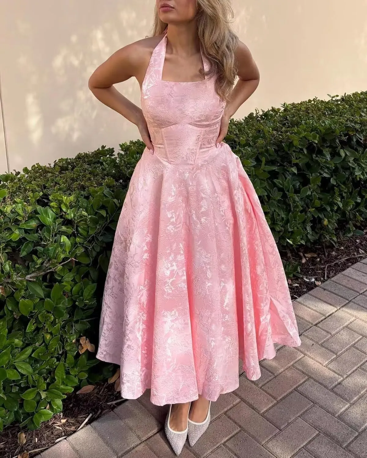 Halter Tea Length Prom Dresses 2025 Jacquard Satin A-Line Formal Evening Party Gowns PU241
