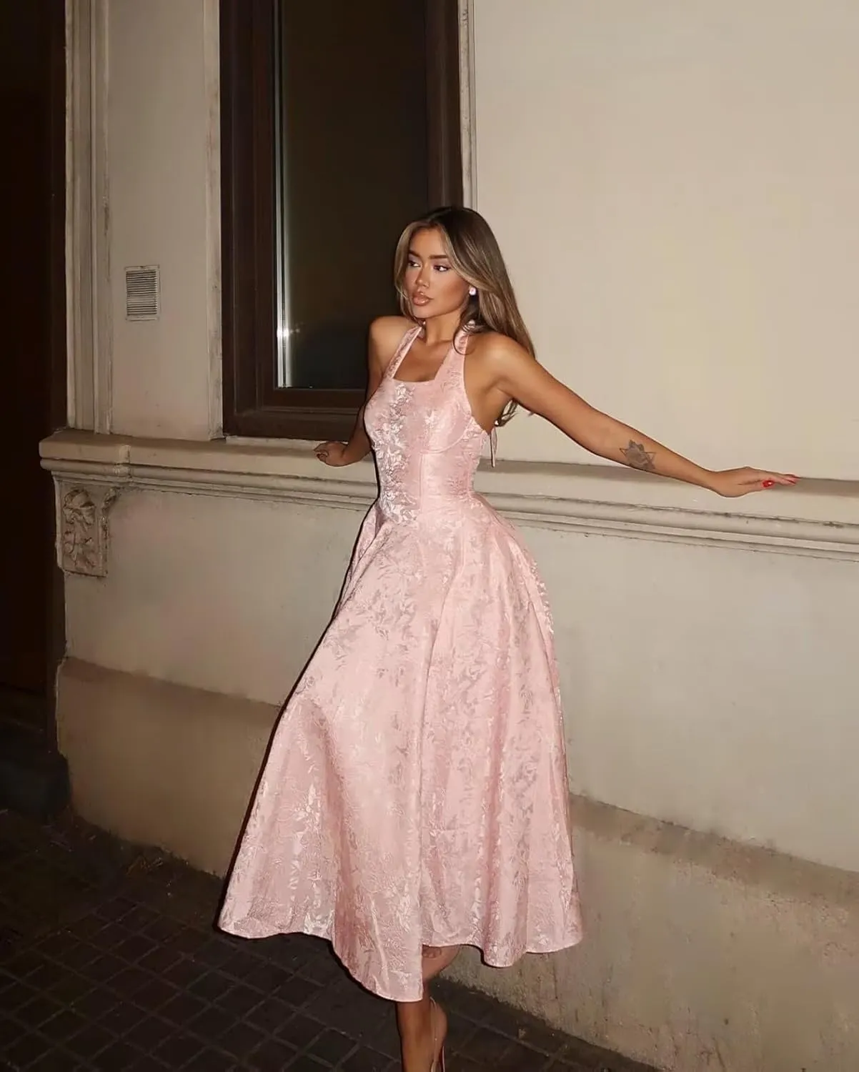 Halter Tea Length Prom Dresses 2025 Jacquard Satin A-Line Formal Evening Party Gowns PU241