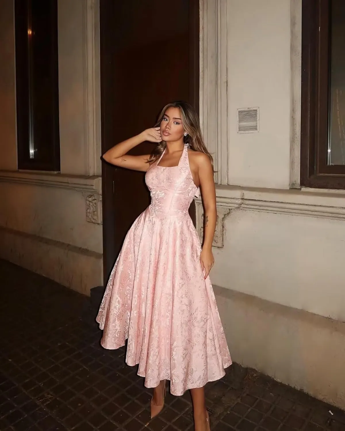 Halter Tea Length Prom Dresses 2025 Jacquard Satin A-Line Formal Evening Party Gowns PU241