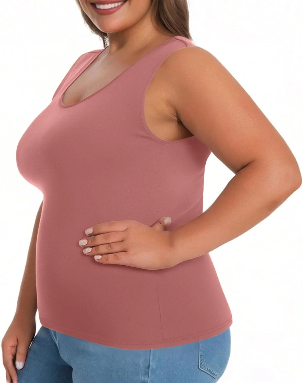 HGps8w Womens Plus Size Basic Tank Tops with Bulit-in-Bra, Crewneck Sleeveless Undershirts Casual 2025 Summer Workout Shirts