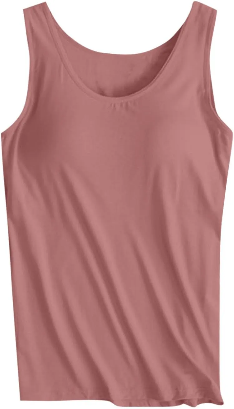 HGps8w Womens Plus Size Basic Tank Tops with Bulit-in-Bra, Crewneck Sleeveless Undershirts Casual 2025 Summer Workout Shirts