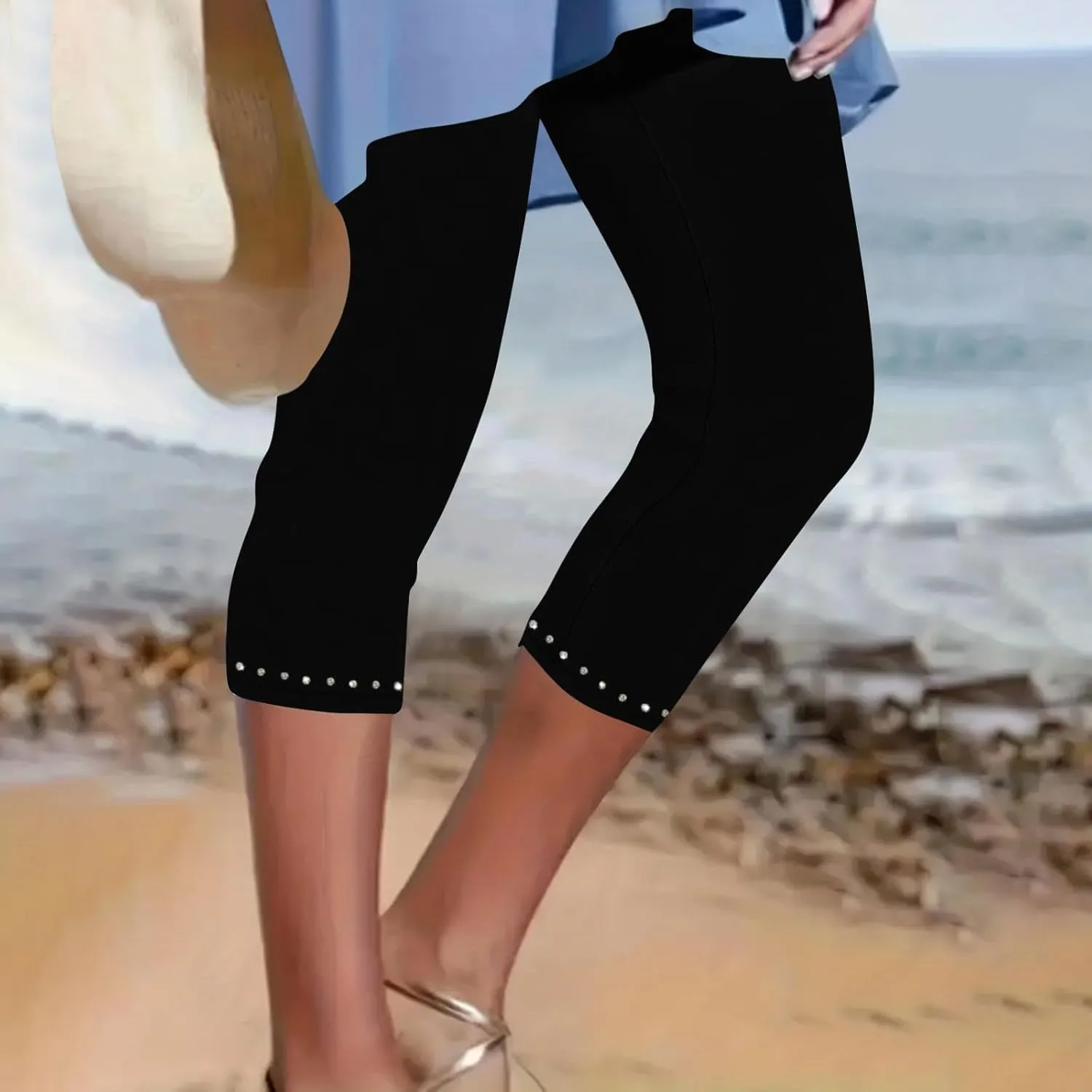 High Waist Pant for Women Sparkle Rhinestone Straight Leg Elastic Waist 2025 Summer Casual Trendy Slim Cropped Pants