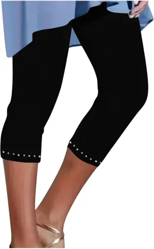 High Waist Pant for Women Sparkle Rhinestone Straight Leg Elastic Waist 2025 Summer Casual Trendy Slim Cropped Pants