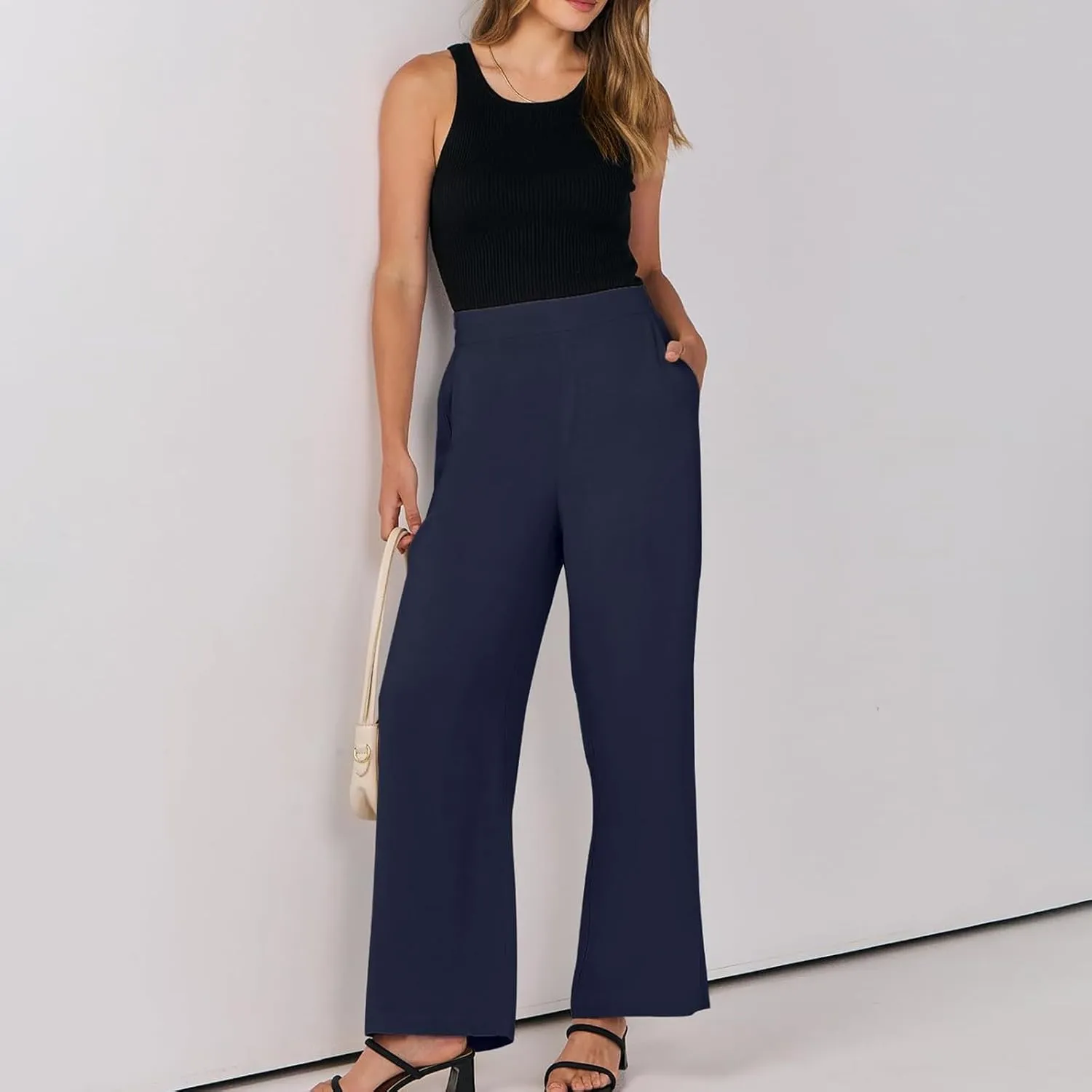 High Waisted Work Pants Women Linen Wide Leg Pants Elastic Waist Business Casual Dress Pants Baggy Summer Trousers