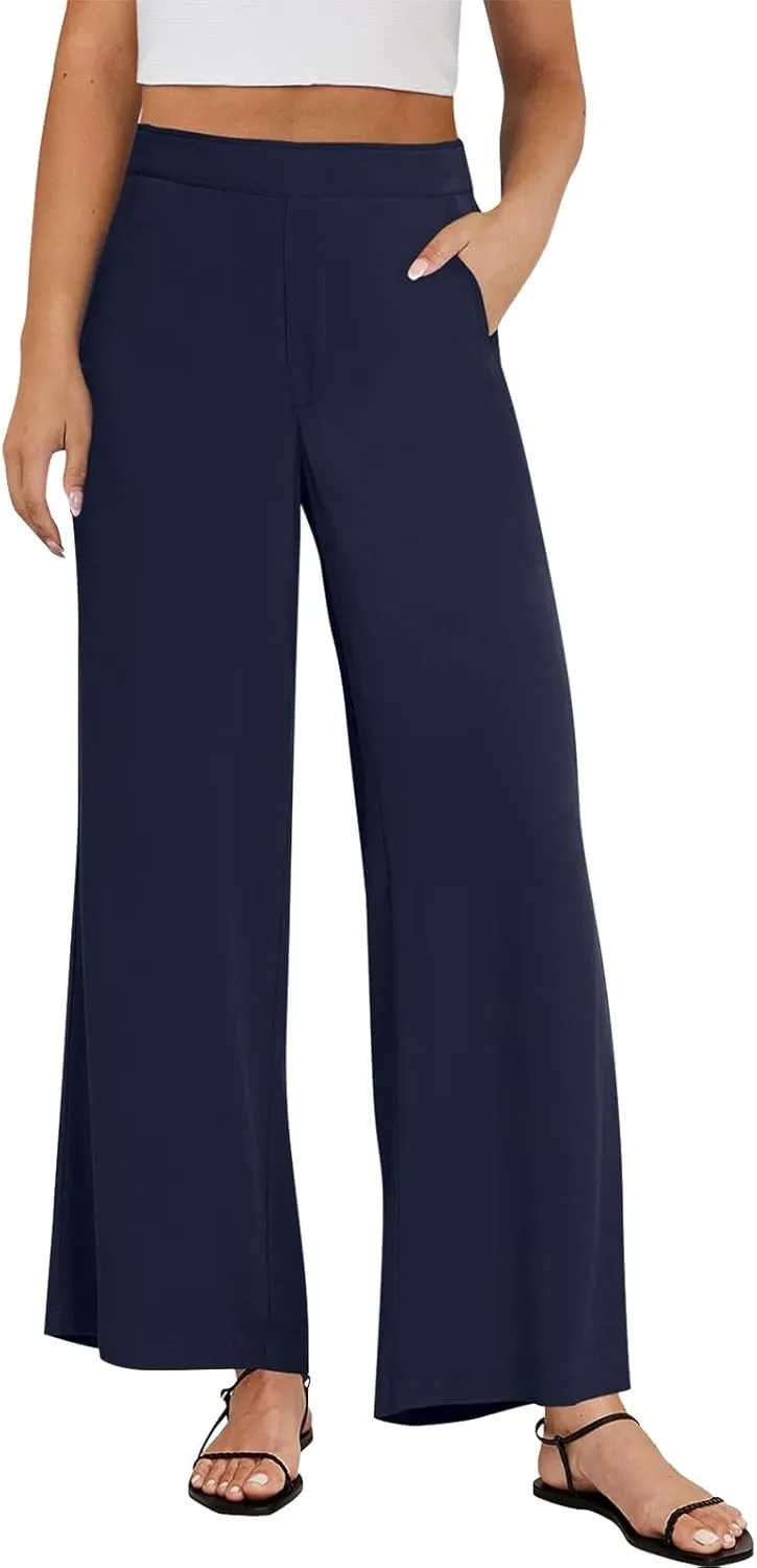 High Waisted Work Pants Women Linen Wide Leg Pants Elastic Waist Business Casual Dress Pants Baggy Summer Trousers