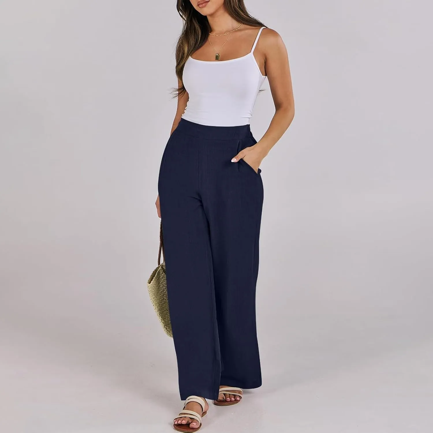 High Waisted Work Pants Women Linen Wide Leg Pants Elastic Waist Business Casual Dress Pants Baggy Summer Trousers