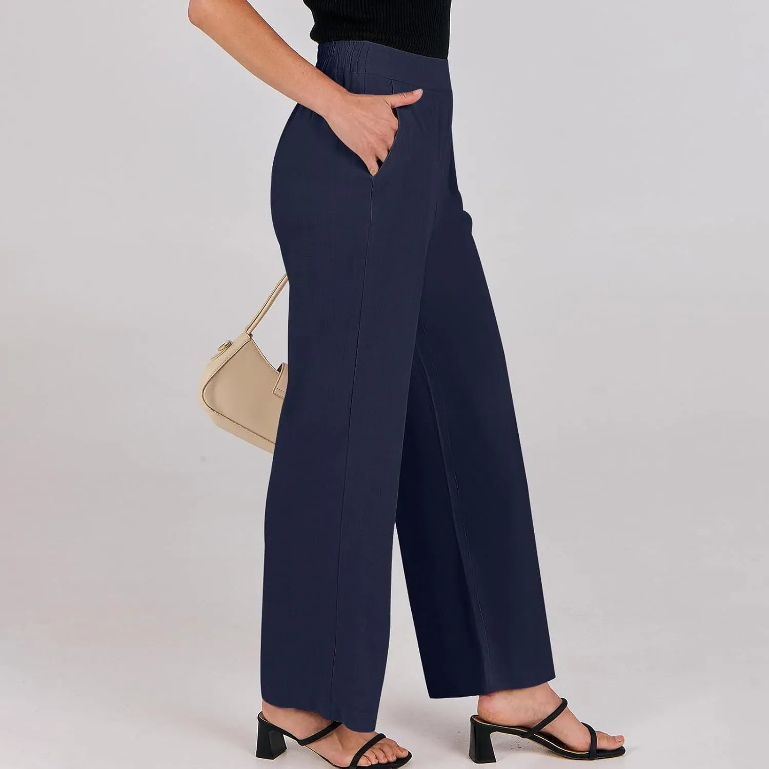 High Waisted Work Pants Women Linen Wide Leg Pants Elastic Waist Business Casual Dress Pants Baggy Summer Trousers