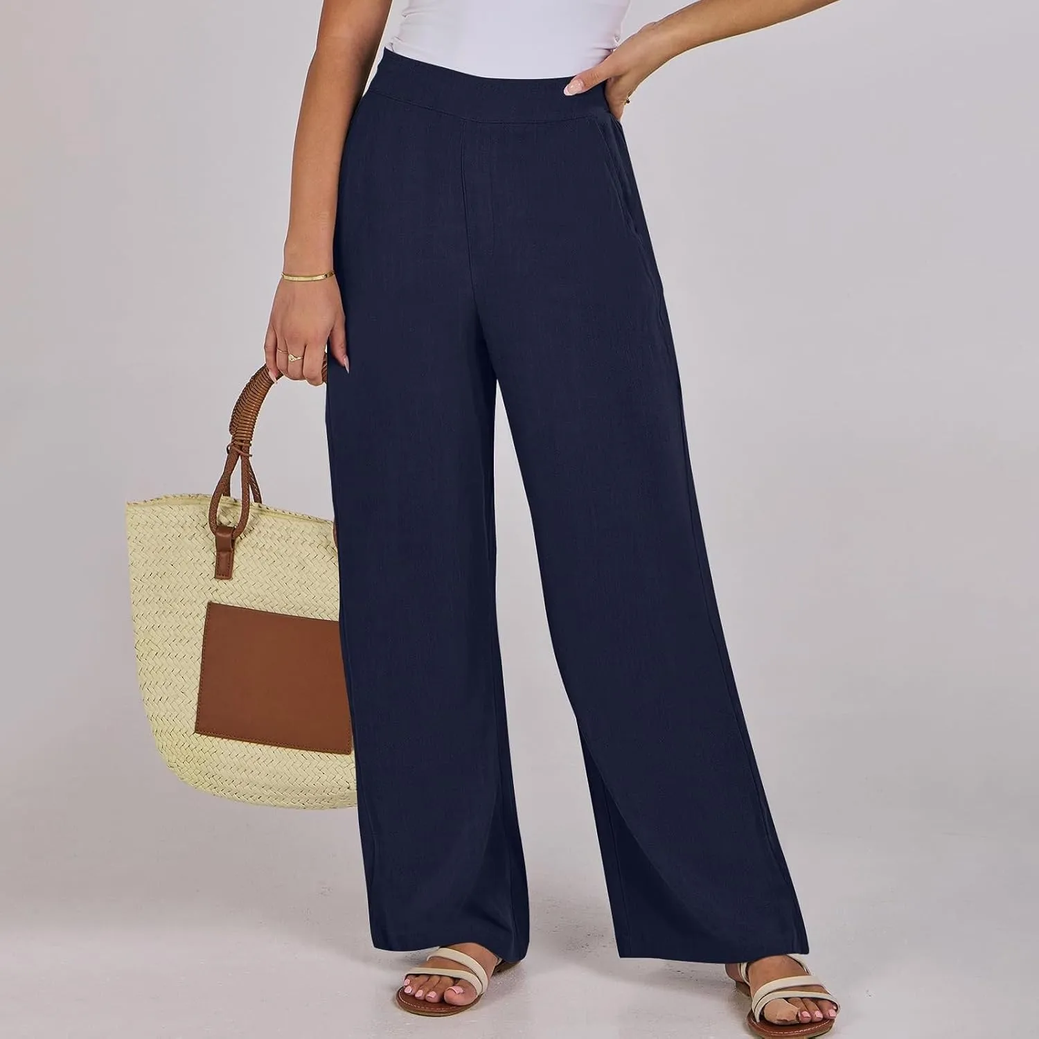 High Waisted Work Pants Women Linen Wide Leg Pants Elastic Waist Business Casual Dress Pants Baggy Summer Trousers