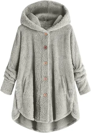 Hooded Fleece Jacket Women Plus Size Fuzzy Sherpa Cape Coats Fluffy Button Down Winter Jackets Fur Cardigan