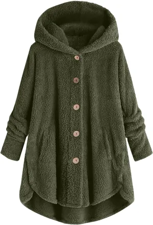 Hooded Fleece Jacket Women Plus Size Fuzzy Sherpa Cape Coats Fluffy Button Down Winter Jackets Fur Cardigan