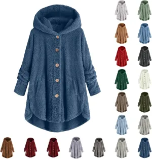 Hooded Fleece Jacket Women Plus Size Fuzzy Sherpa Cape Coats Fluffy Button Down Winter Jackets Fur Cardigan