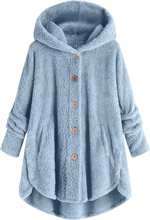 Hooded Fleece Jacket Women Plus Size Fuzzy Sherpa Cape Coats Fluffy Button Down Winter Jackets Fur Cardigan