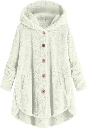 Hooded Fleece Jacket Women Plus Size Fuzzy Sherpa Cape Coats Fluffy Button Down Winter Jackets Fur Cardigan