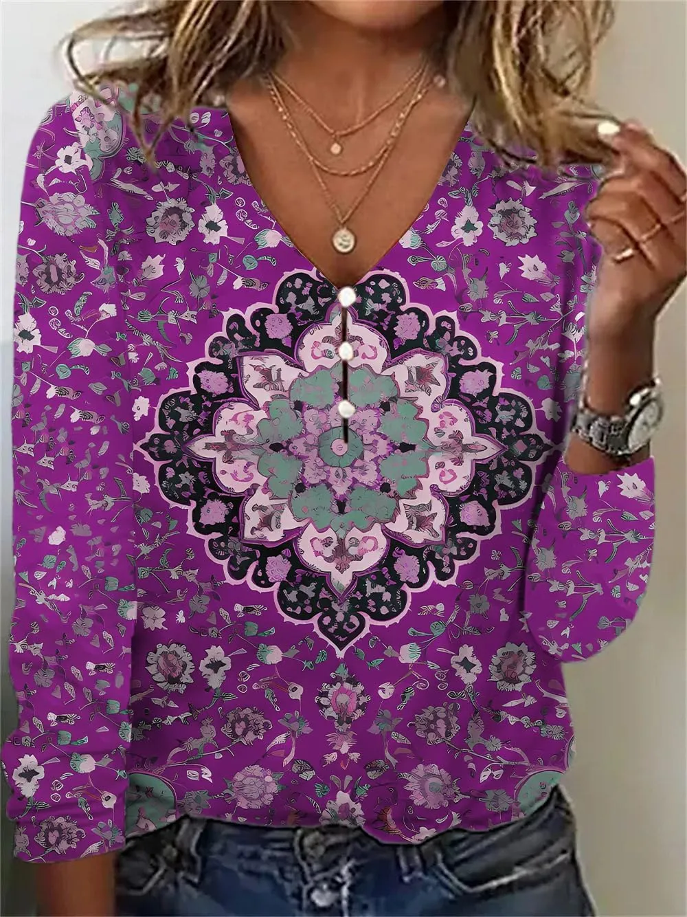 HOTYD Women's Boho Floral Print Blouses for Women Dressy Casual Button Cute Blouse V Neck Long Sleeve Shirts Tunic Tops