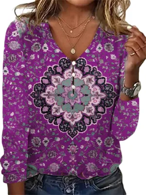 HOTYD Women's Boho Floral Print Blouses for Women Dressy Casual Button Cute Blouse V Neck Long Sleeve Shirts Tunic Tops