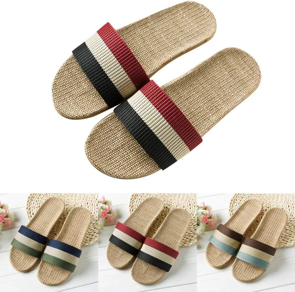 House Slippers for Women Open Toe Indoor Flat Shoes Travel Cotton Linen Slippers Slip Bedroom Silent Cozy Sandals